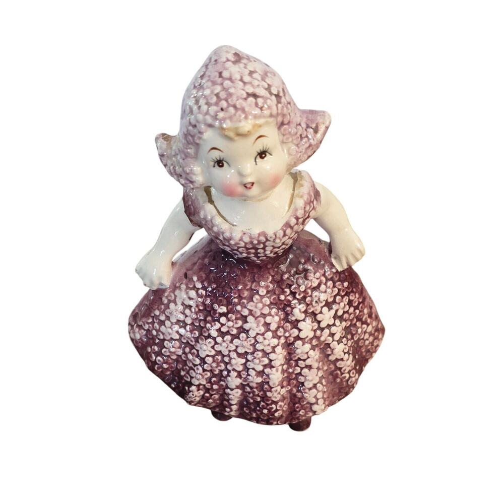 VTG 50s 60s Japanese Porcelain Girl Figurine Textured Floral Dress & Bonnet 5"